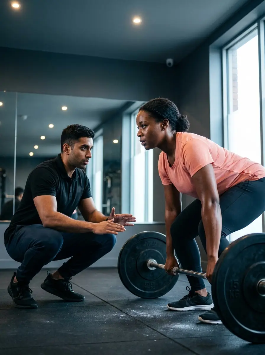 A trainer coaching a client through a barbell lift.