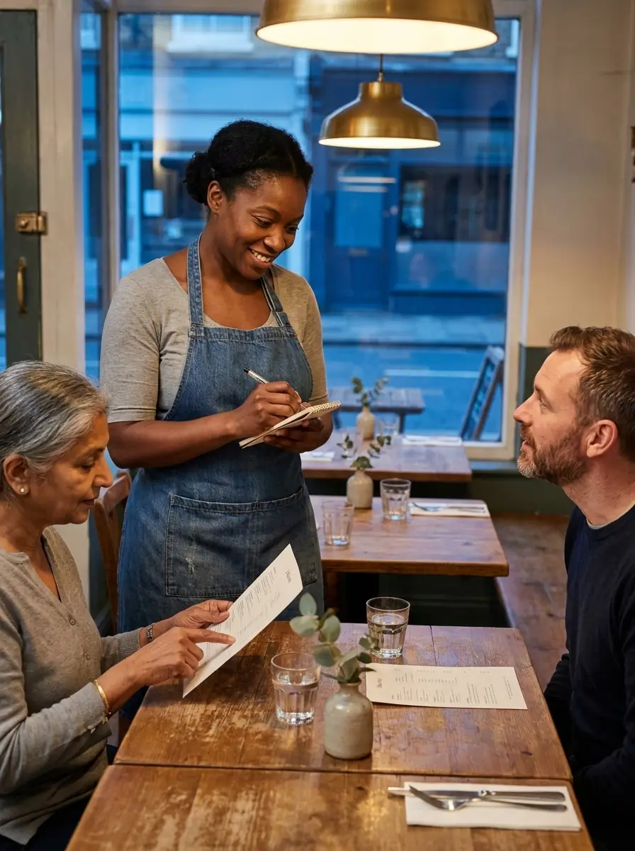 A server taking an order from two guests at a restaurant table.