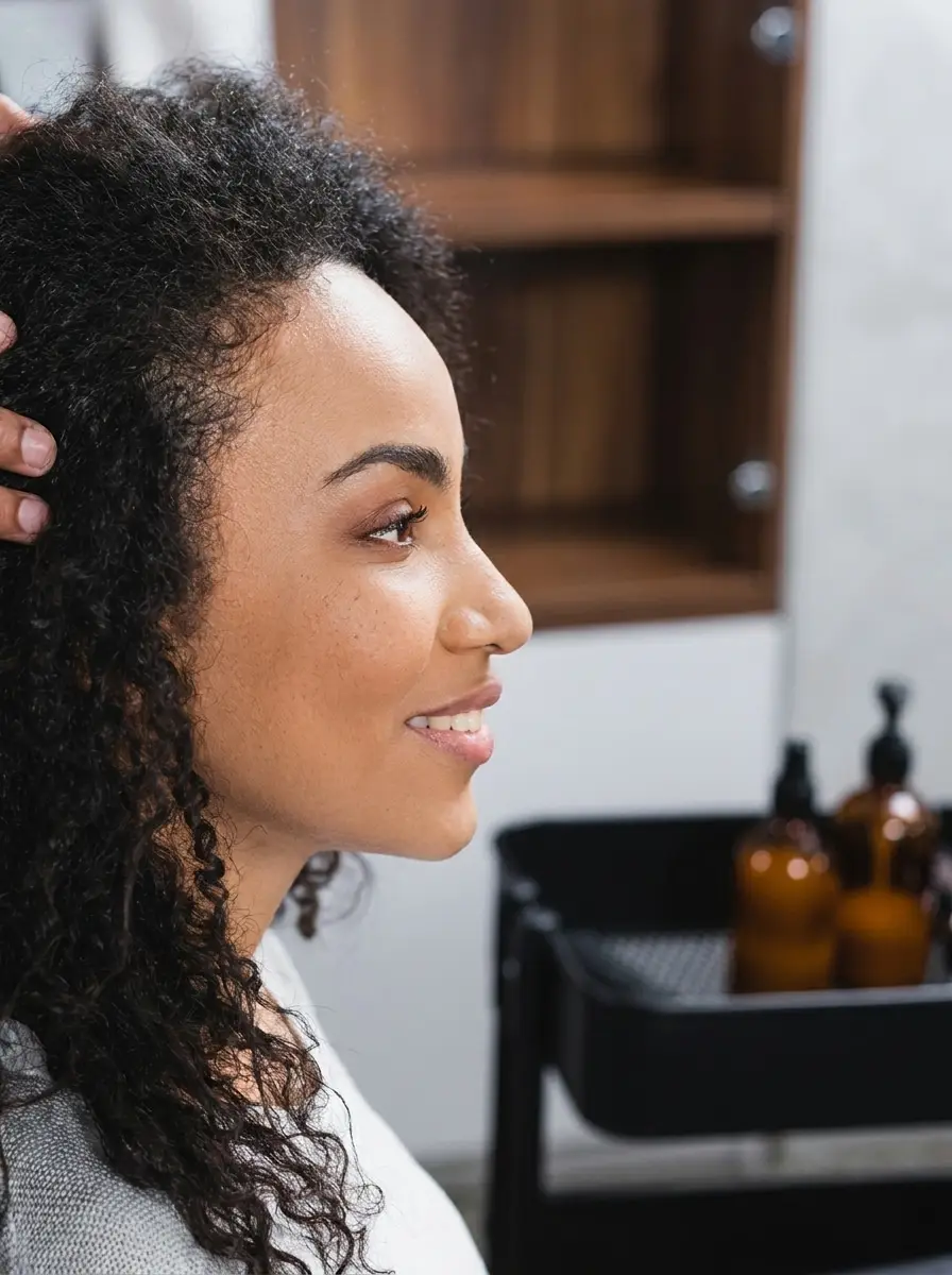 A stylist arranging a client's curly hair in a salon.