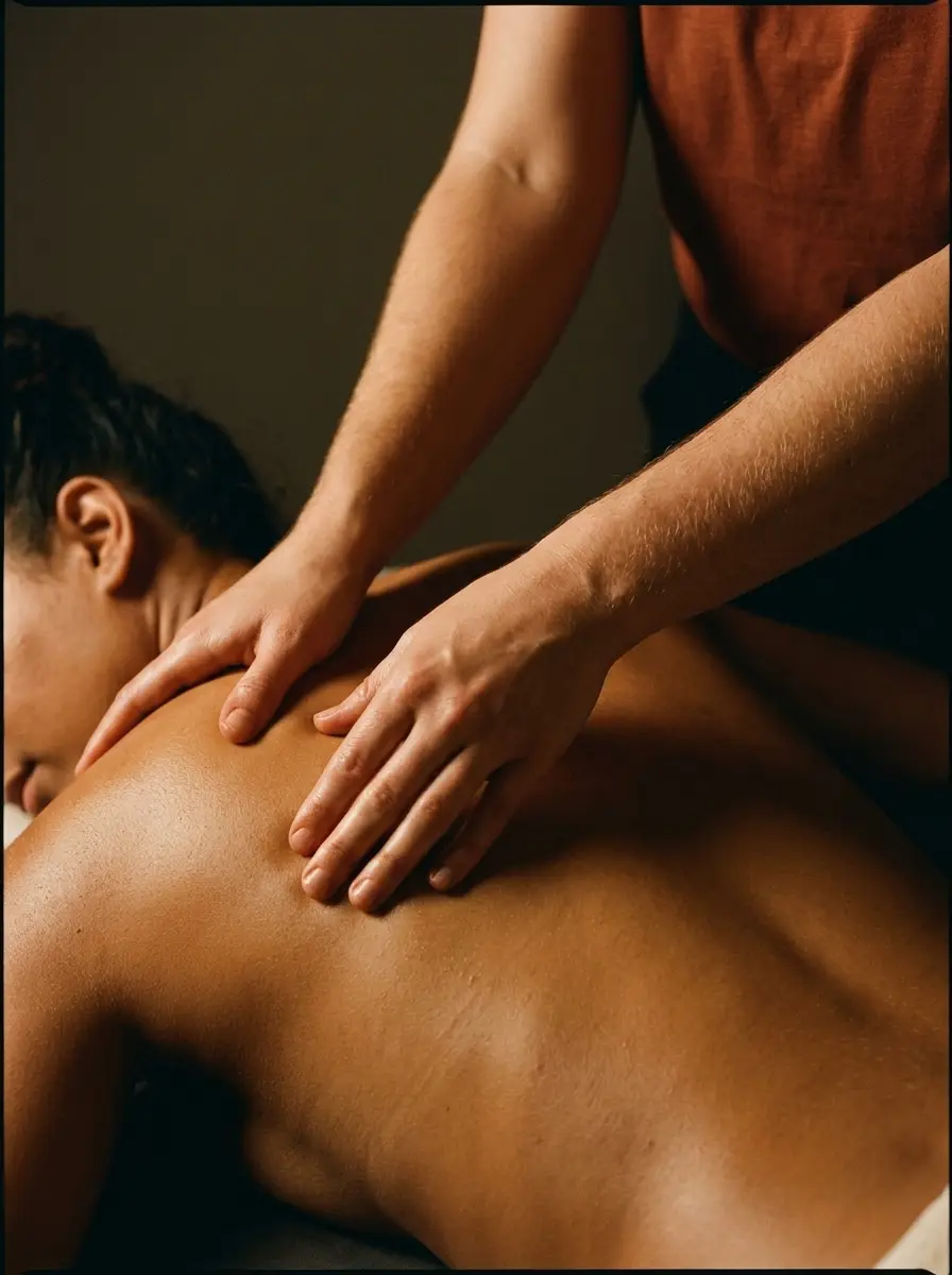 A massage therapist treating a client's upper back.