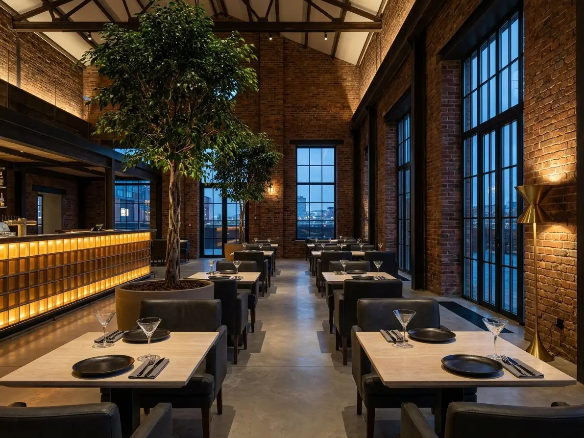 Restaurant with indoor trees and a glass-block bar.
