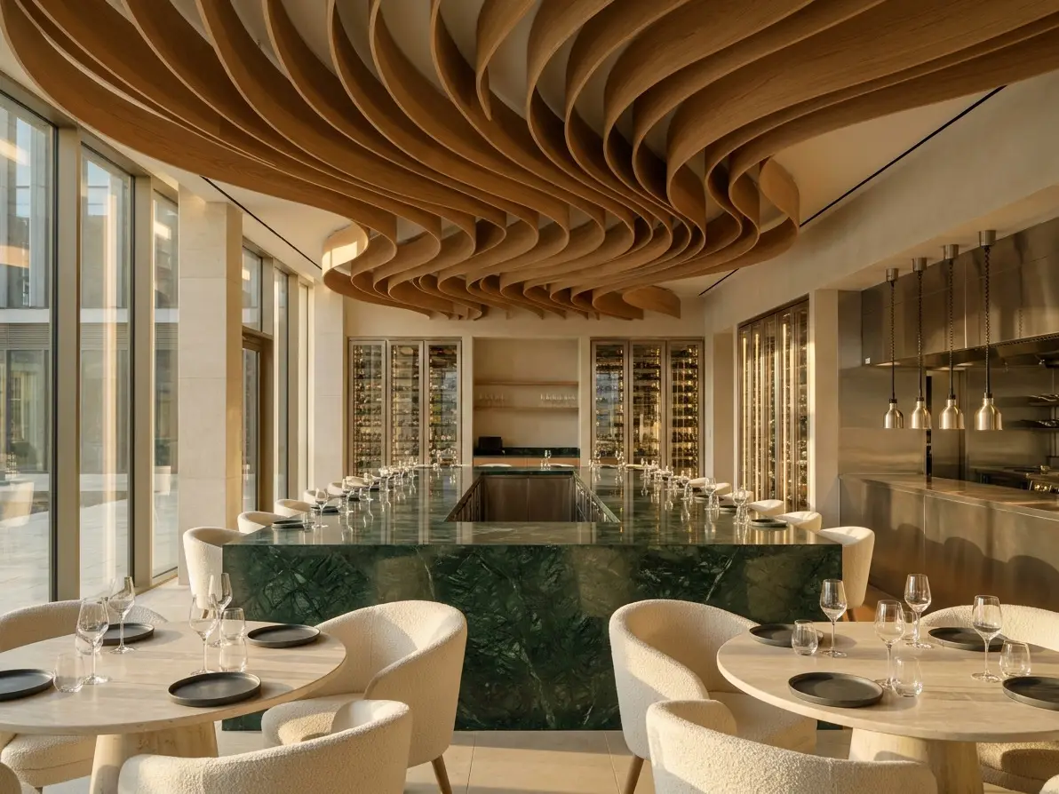 Restaurant with an oak ceiling and marble bar.