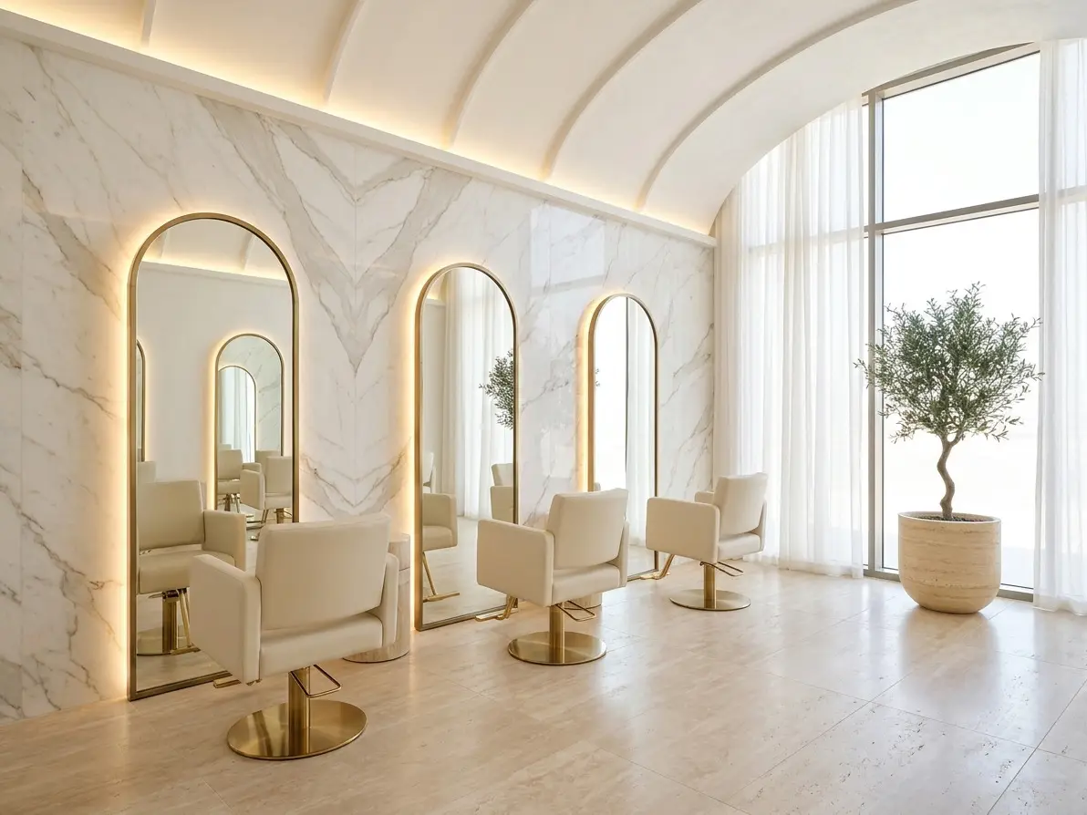 Hair salon with styling chairs and mirrors.