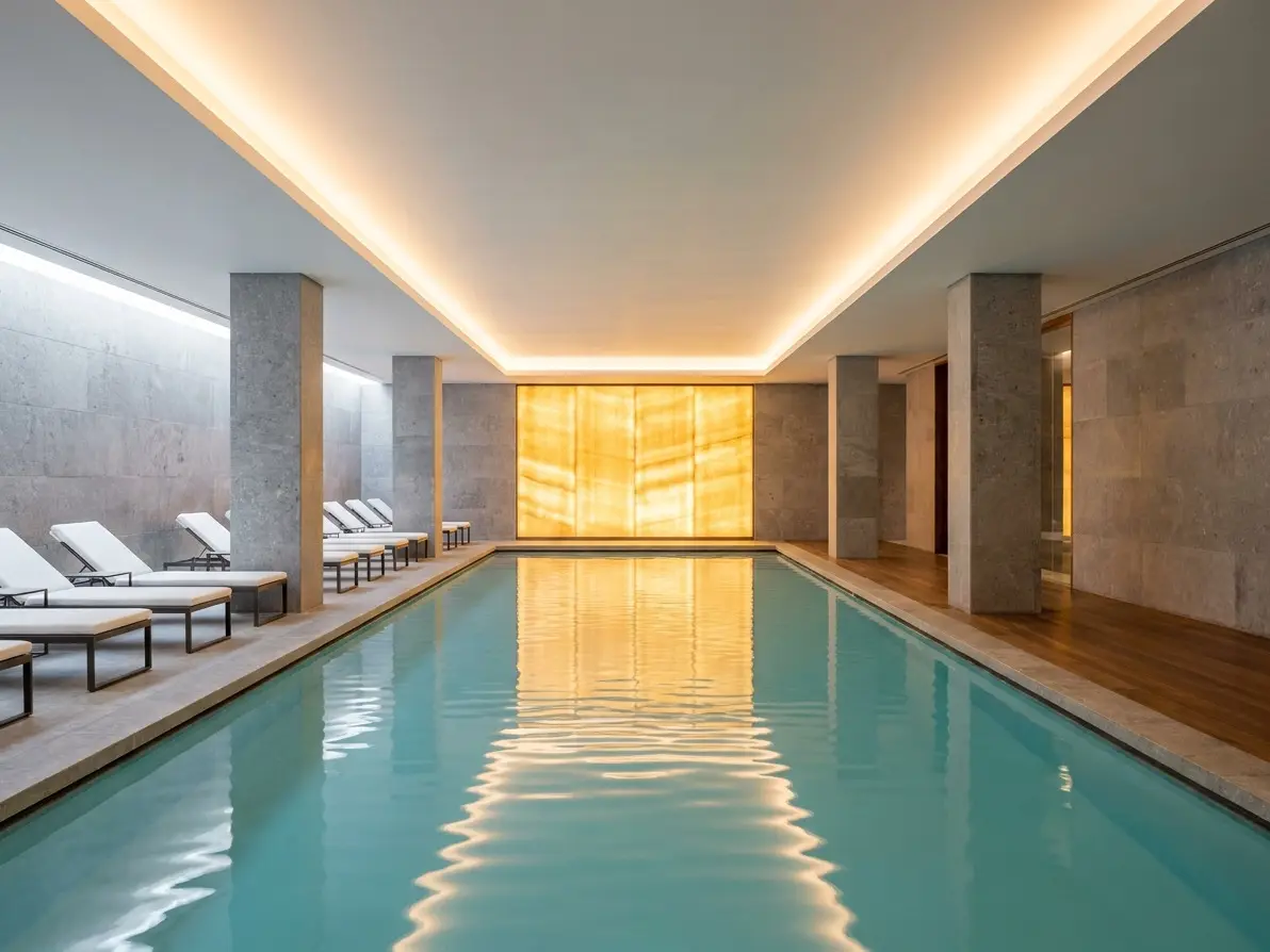 Illustrative spa pool with limestone columns and white loungers. AI-generated workplace, not a customer location.