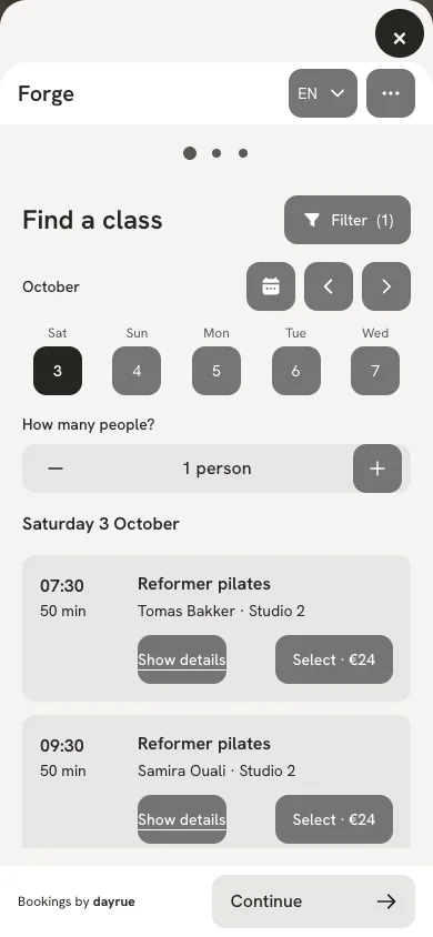 Website with Dayrue booking: Online booking for yoga and Pilates studios, Booking