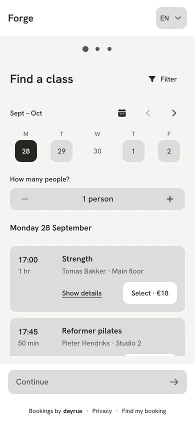Forge's class timetable on a phone, with the week's dates, number of people and classes to select.