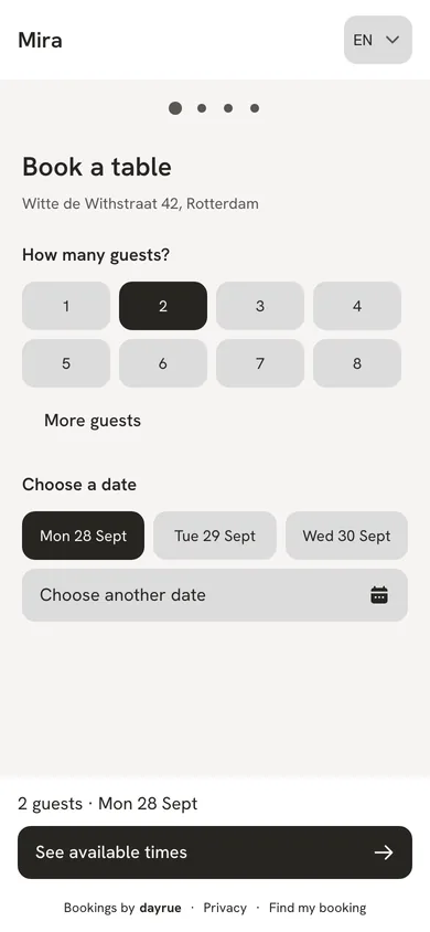 Booking a table at Mira on a phone: choose the number of guests and a date.