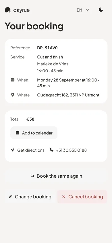The page a customer opens from their confirmation to view, move or cancel their Halo Studio booking.