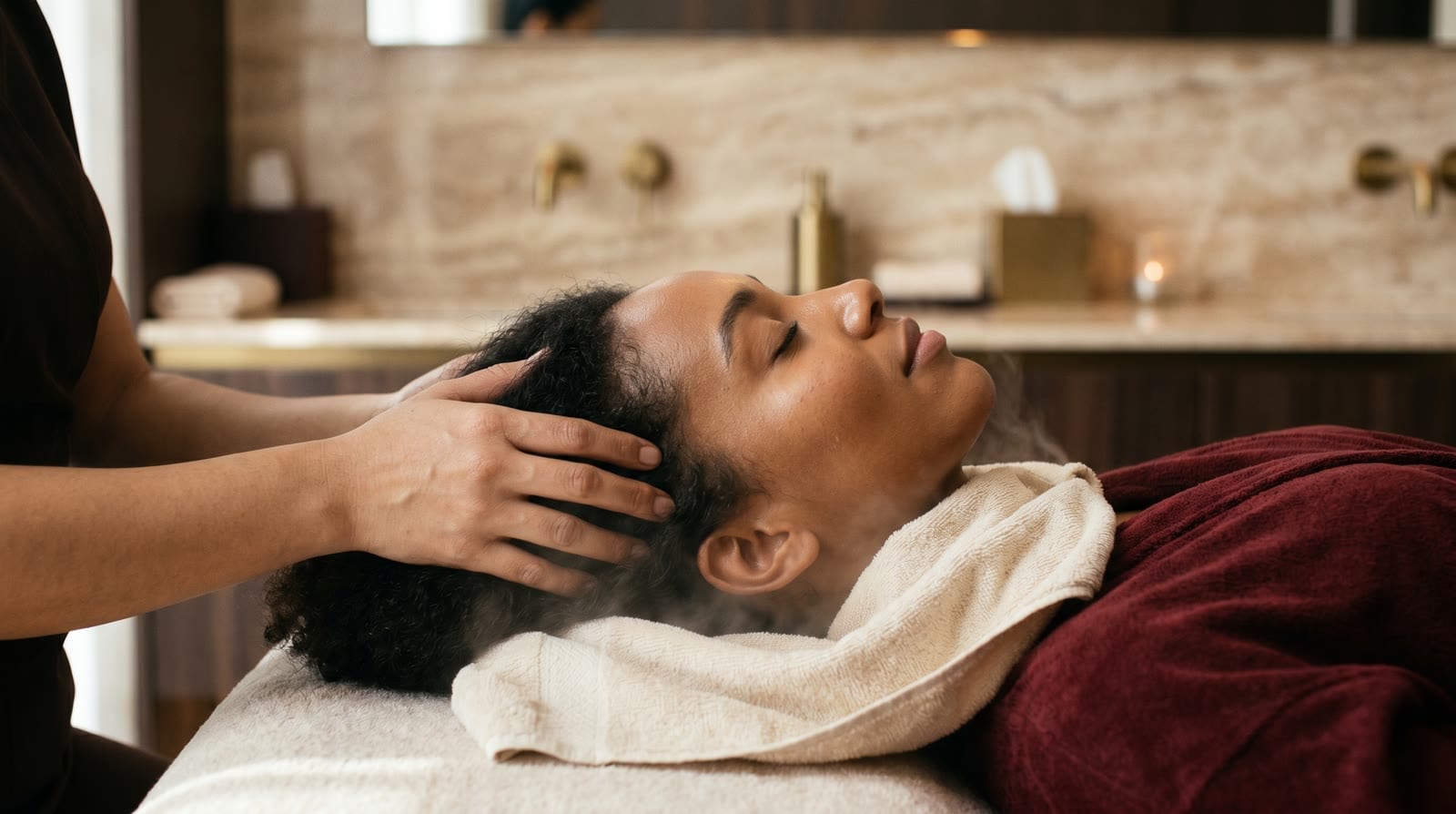 A guest receiving the Rivea head spa treatment