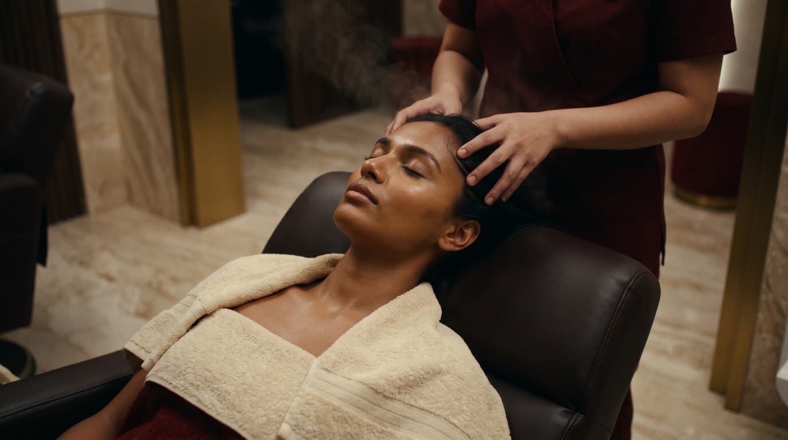 A guest receiving the Rivea head spa treatment