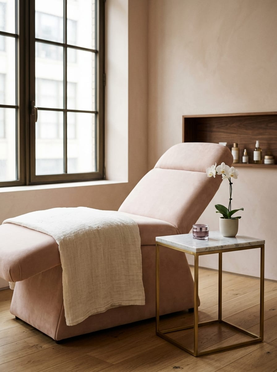 A quiet treatment room with warm daylight and a prepared massage bed