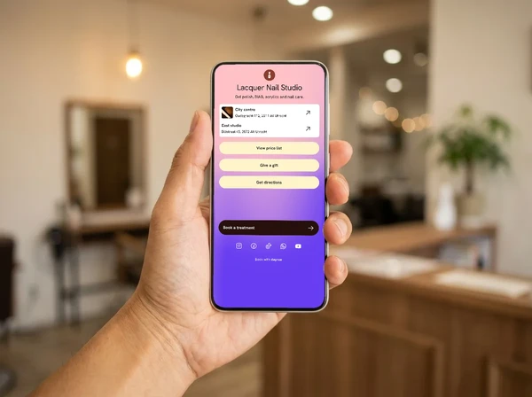 A generated salon reception scene with a hand holding a phone displaying the actual Lacquer Nail Studio Link page.