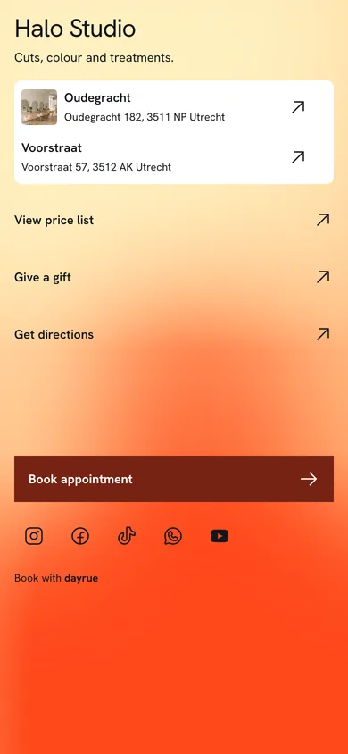 Halo Studio's link page on a phone, with both locations and a Book appointment button.