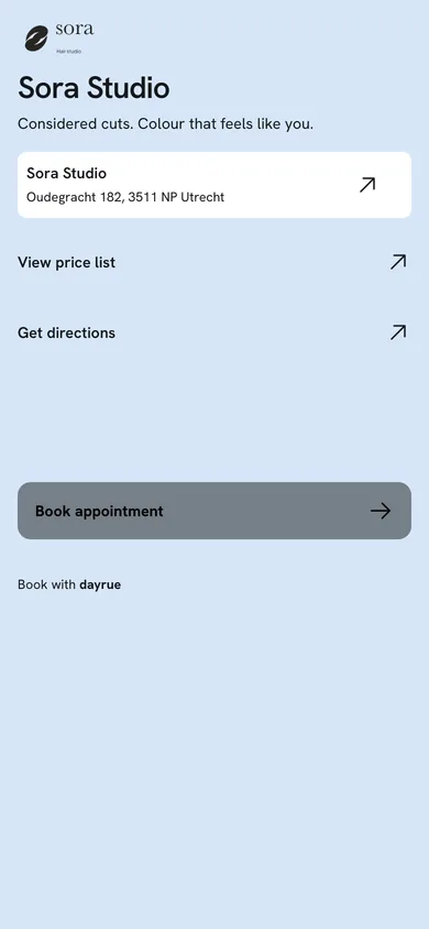 Sora Studio's genuine Dayrue link page in pale blue, with its salon logo, location, price list and booking button.