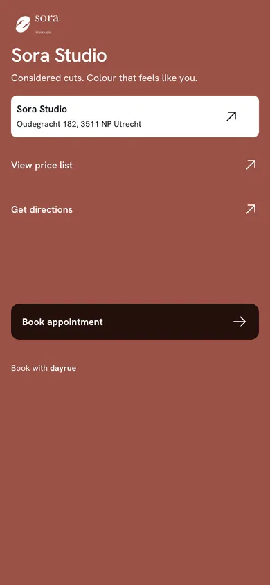 Sora Studio's genuine Dayrue link page in clay, with its salon logo, location, price list and booking button.