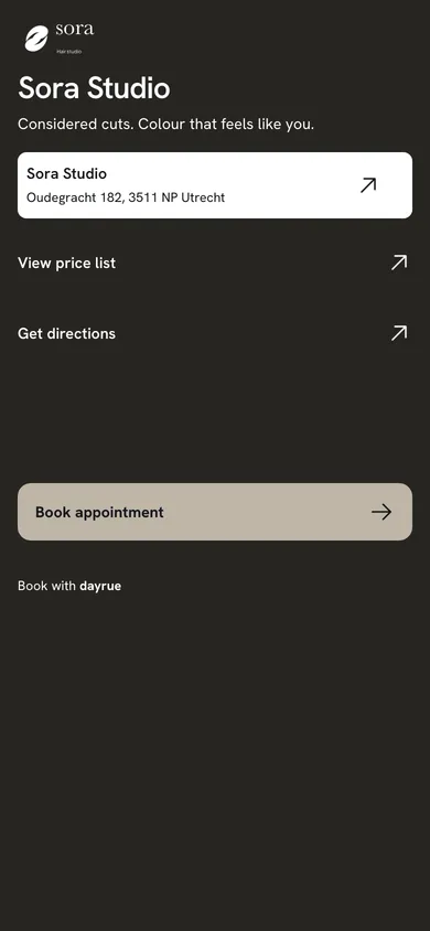 Sora Studio's genuine Dayrue link page in anthracite, with its salon logo, location, price list and booking button.