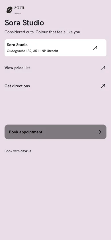 Sora Studio's genuine Dayrue link page in lilac, with its salon logo, location, price list and booking button.