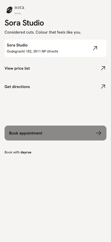 Sora Studio's genuine Dayrue link page in paper, with its salon logo, location, price list and booking button.
