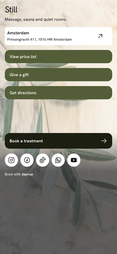 Still's link page on a phone, with its locations, price list, gift, directions and a Book a treatment button.